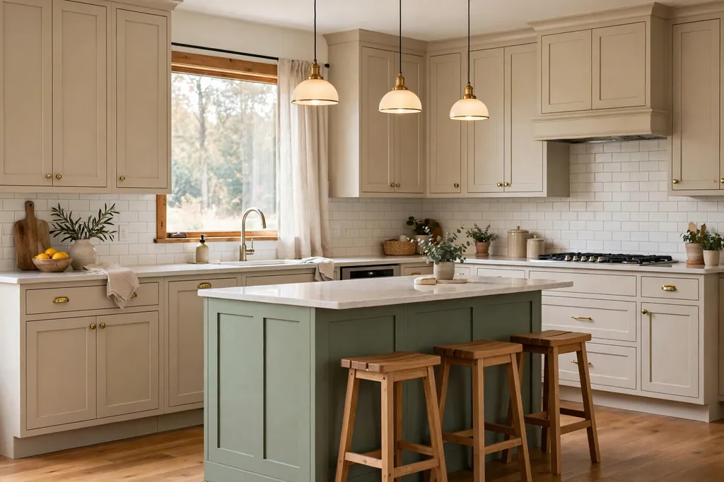 Beige perimeter cabinets with a sage green island and wood stools.