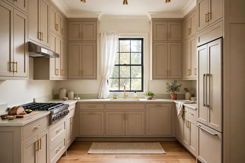 Kitchen with warm beige shaker cabinets on every wall and a pale counter.