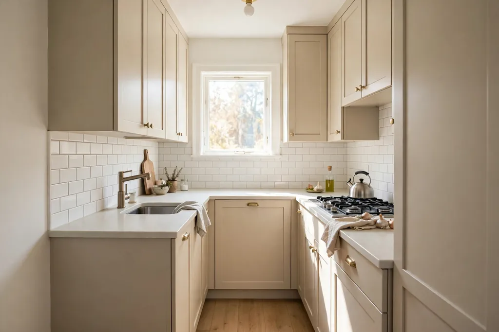 Small kitchen with light beige cabinets and pale counters.