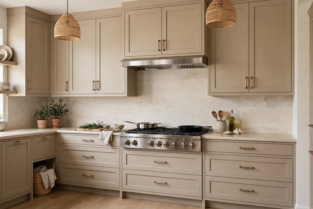 Beige cabinets with a pale stone slab backsplash behind a range.