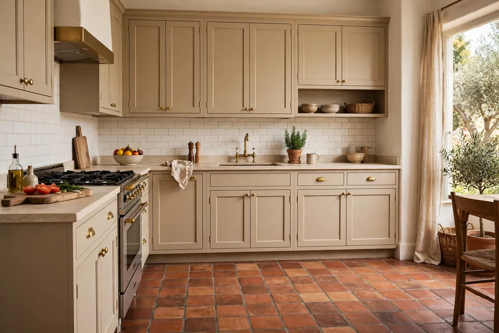 Warm beige kitchen cabinets over a terracotta tile floor.