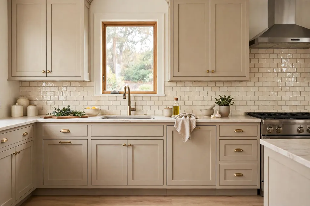 Beige kitchen cabinets with a handmade cream tile backsplash.