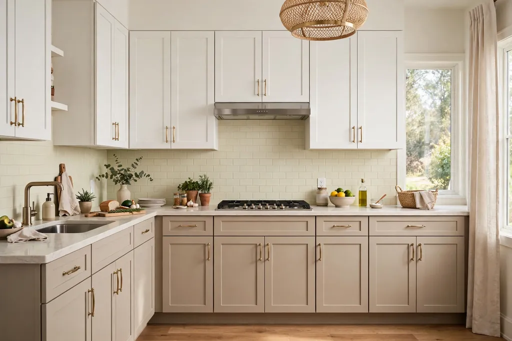 Kitchen with beige lower cabinets, white upper cabinets, and a pale backsplash.