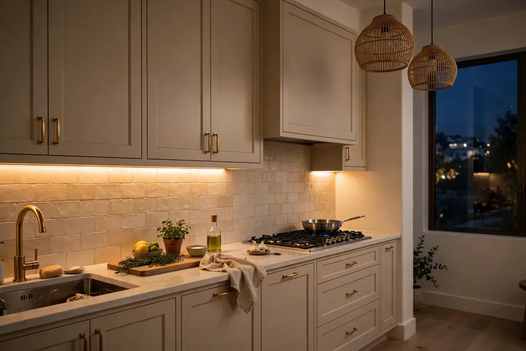 Beige kitchen cabinets with warm under-cabinet lighting in the evening.
