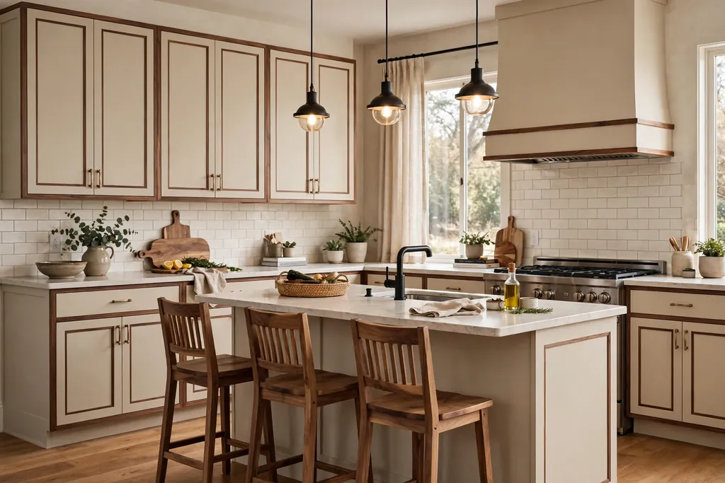 Beige kitchen cabinets with walnut trim accents and wood stools.