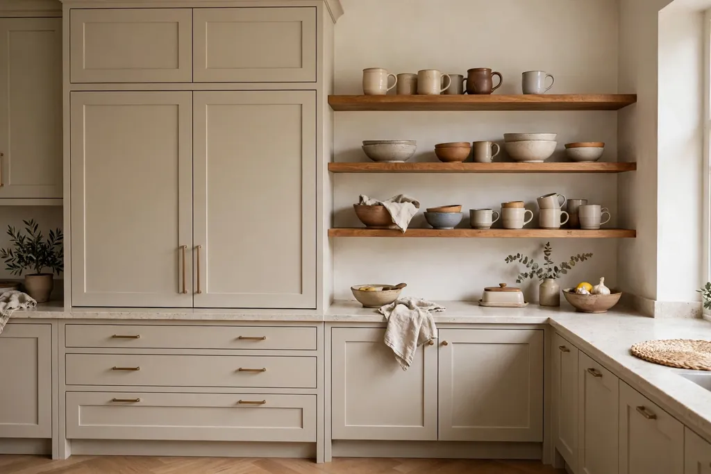 Beige cabinets beside warm wood open shelves holding mugs and bowls.