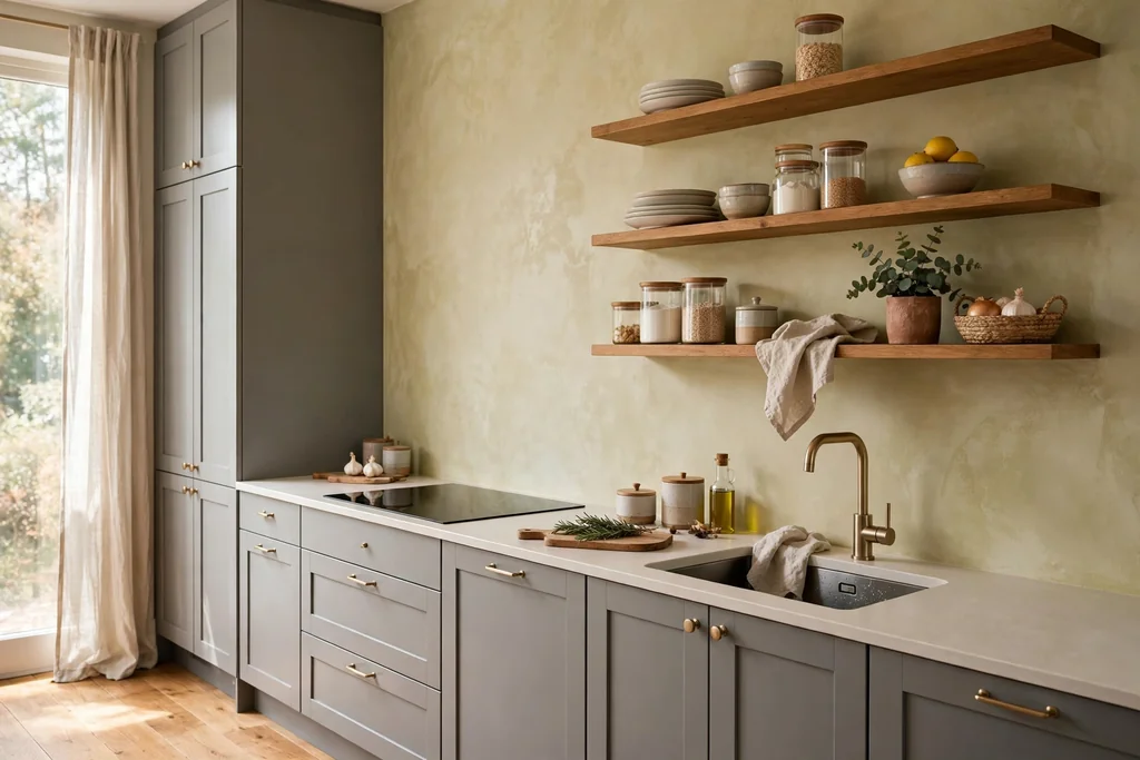 Kitchen with grey cabinets and a soft beige limewash wall.