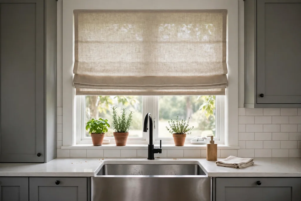 Kitchen window with a beige linen roman shade above a sink.