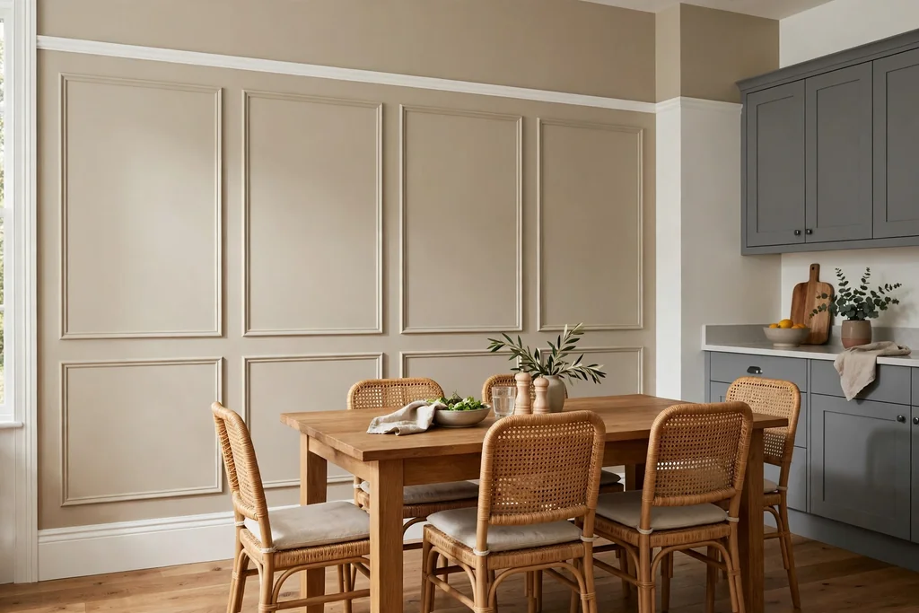 Kitchen dining wall with beige painted panelling and a wood table.