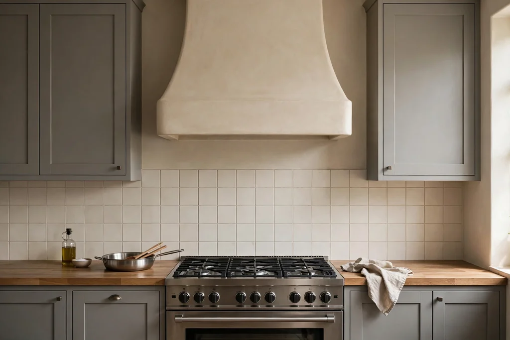Kitchen cooking wall with a beige plaster range hood above a range.