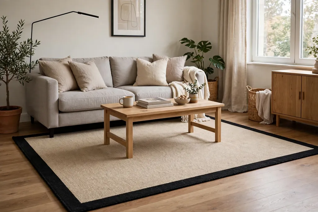Beige rug with a black border under a sofa and coffee table.
