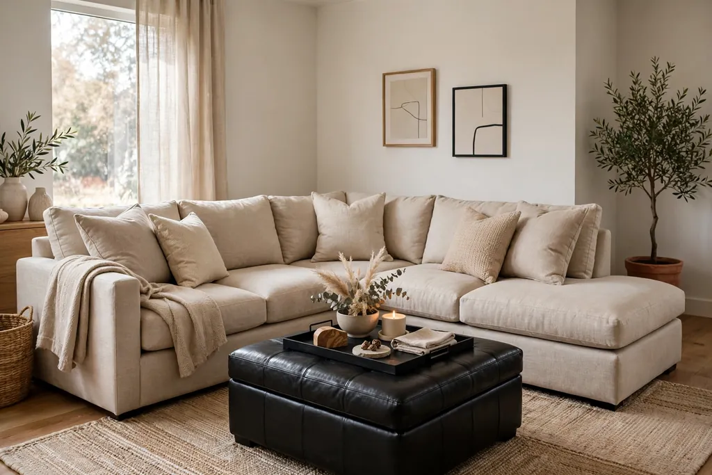 Beige sectional with a black ottoman holding a tray.
