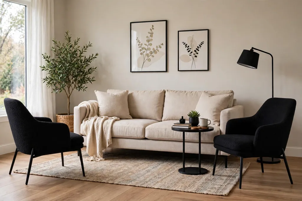 Beige sofa with two black accent chairs and a small black side table.