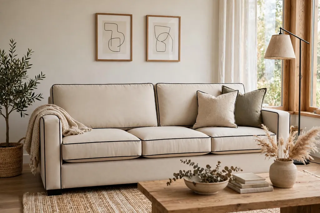Tailored beige sofa with black piping on cushions and arms.