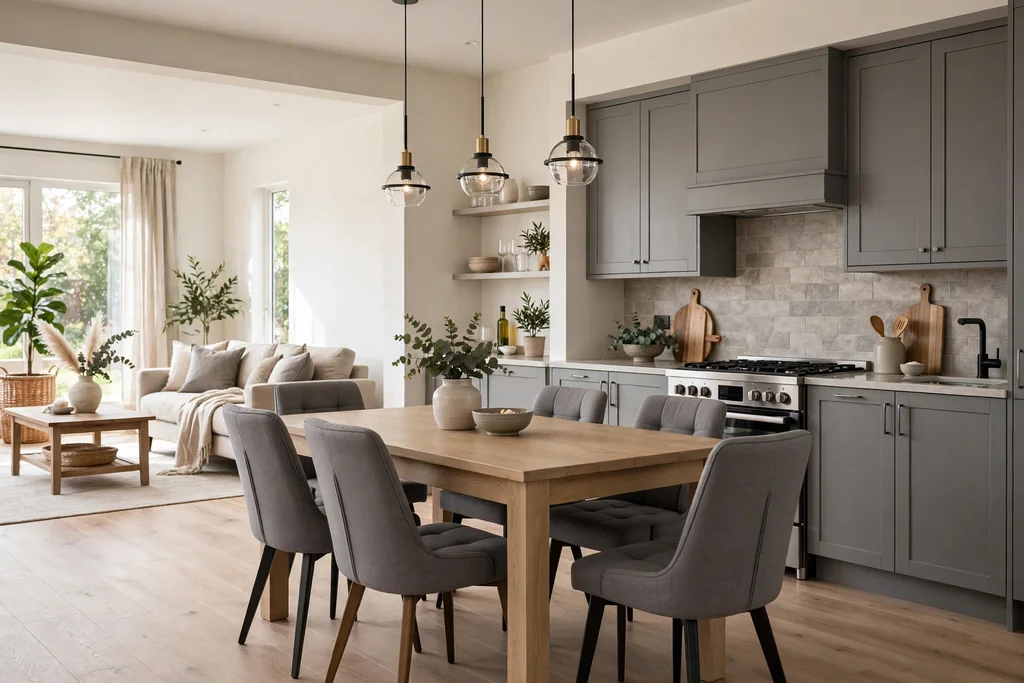 Open plan kitchen dining area with a beige wood table and grey chairs.