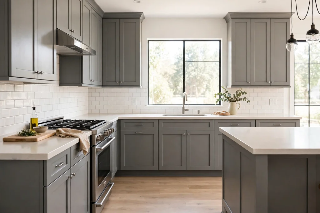 Kitchen with grey cabinets and a warm beige wood floor.