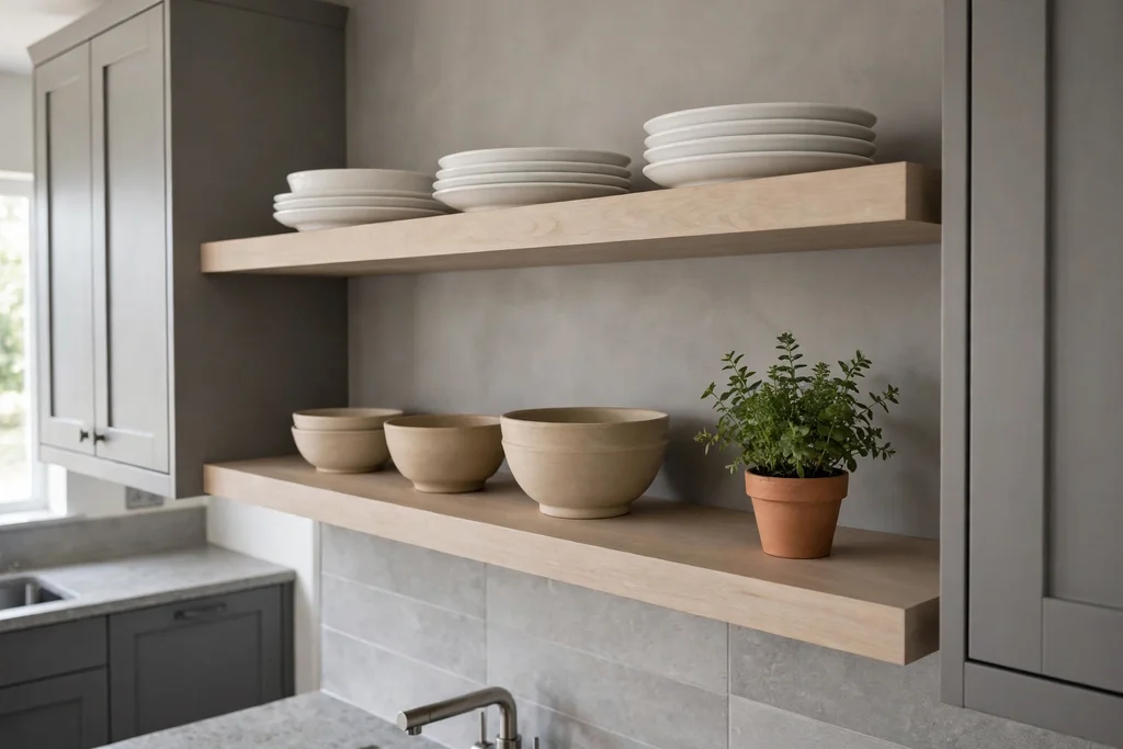 Open beige wood shelves in a grey kitchen holding plates and bowls.