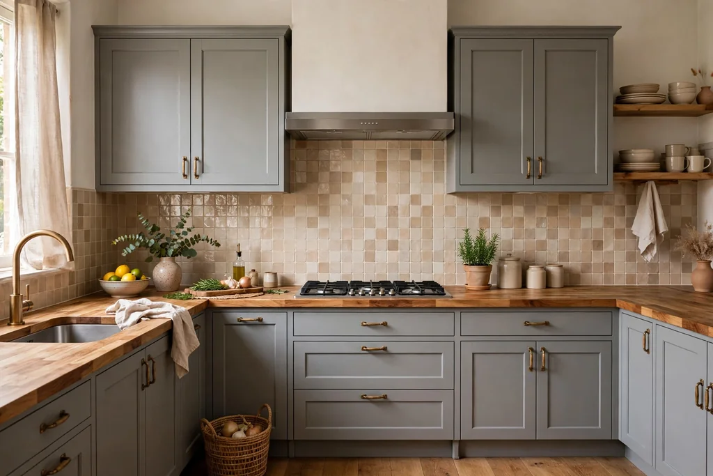 Kitchen with grey cabinets and a beige zellige tile backsplash.