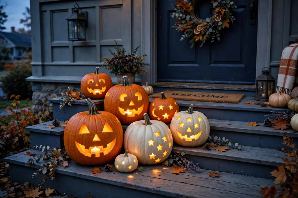 A cluster of carved pumpkins on porch steps glowing from battery candles inside at dusk.
