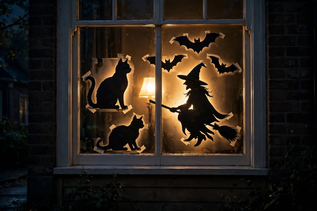 Black paper silhouettes of cats and bats taped inside a front window glowing at night.