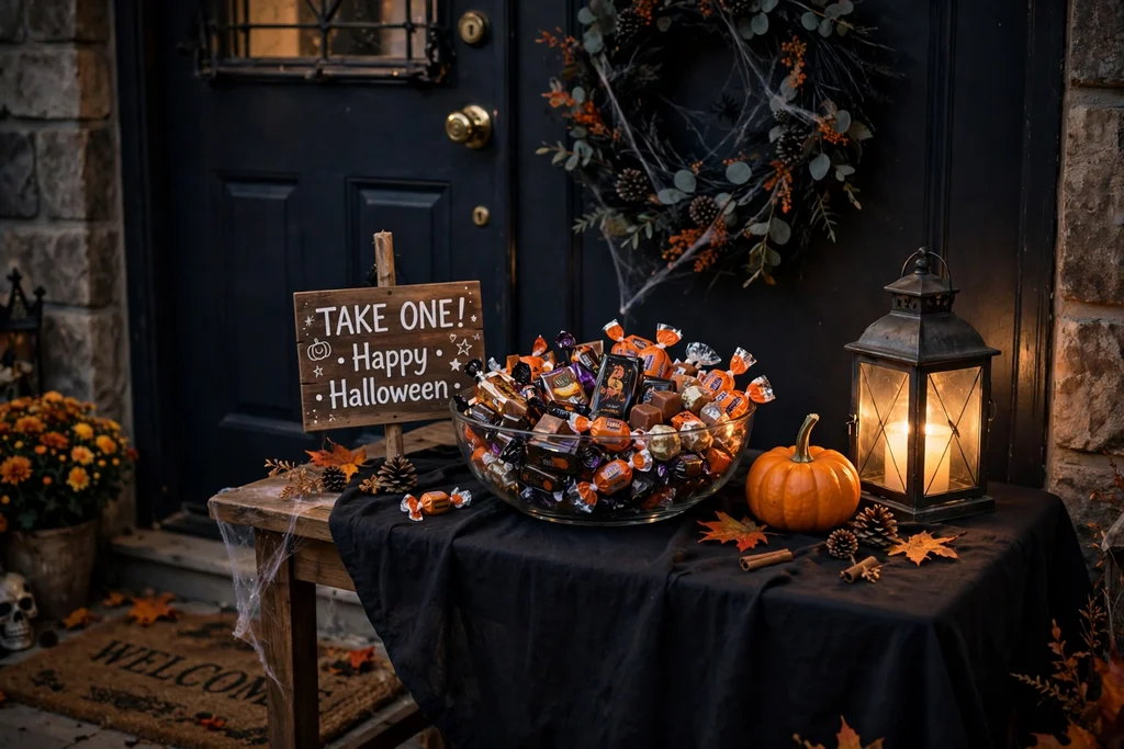 A candy station table by a front door with a bowl of treats, black cloth, and a glowing lantern.
