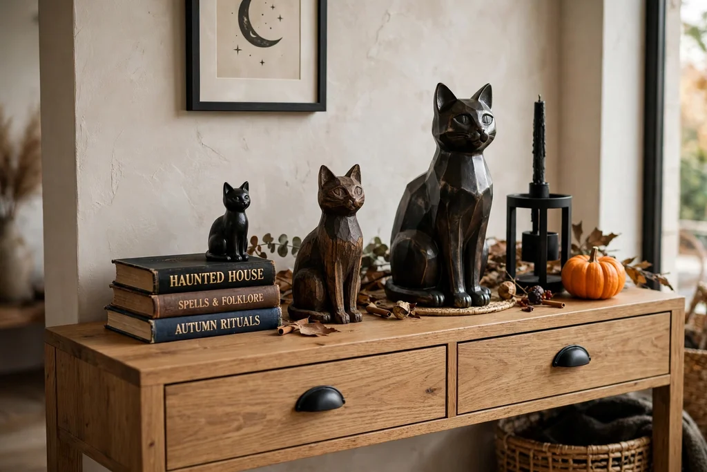 A console table with black cat figurines of different sizes, books, and a black candle holder.