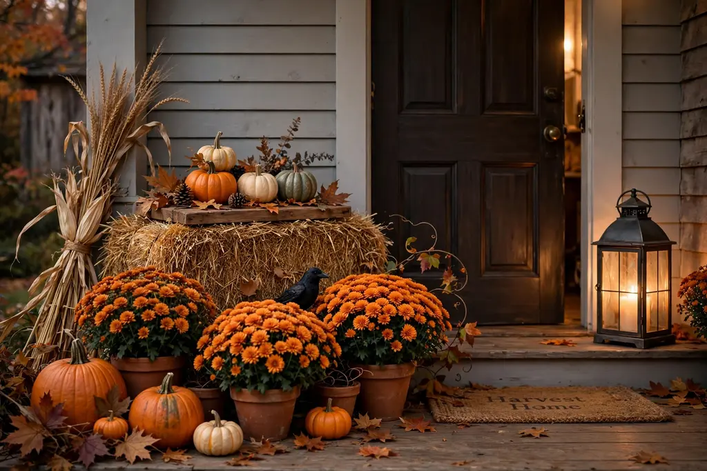 A harvest porch with a hay bale topped with pumpkins, potted mums, and a glowing lantern.