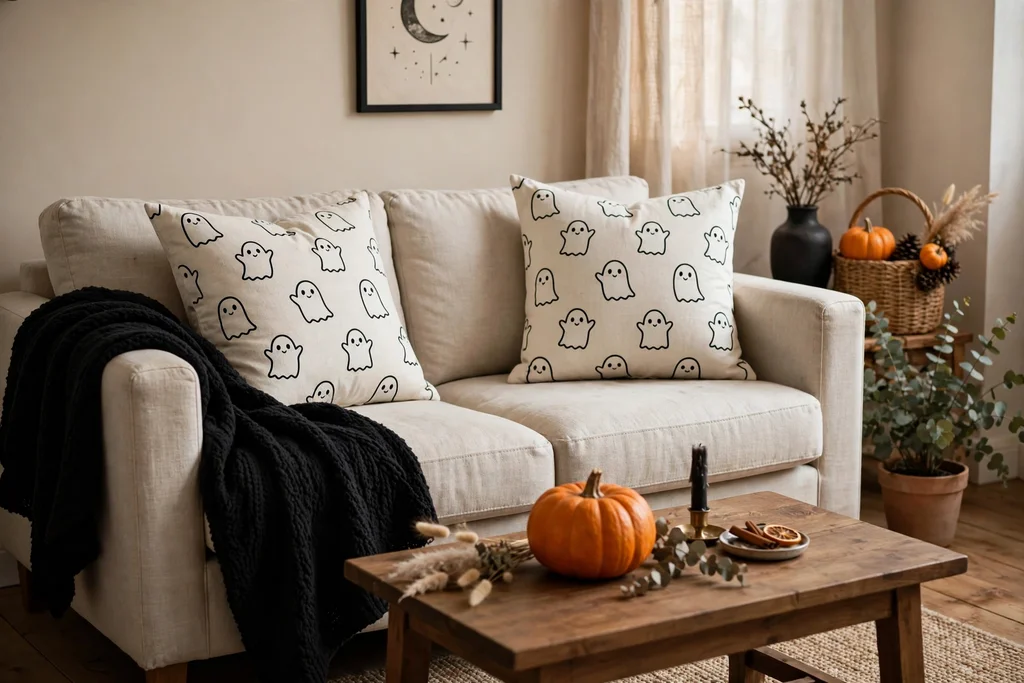 A sofa with ghost print pillows and a black throw draped over one arm.