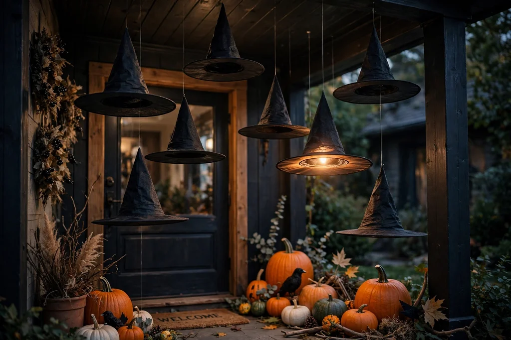 Black witch hats hanging from an entry ceiling at varied heights, appearing to float.