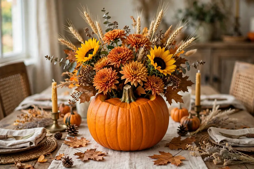 A hollowed pumpkin vase filled with mums, sunflowers, and dried wheat stems on a table.