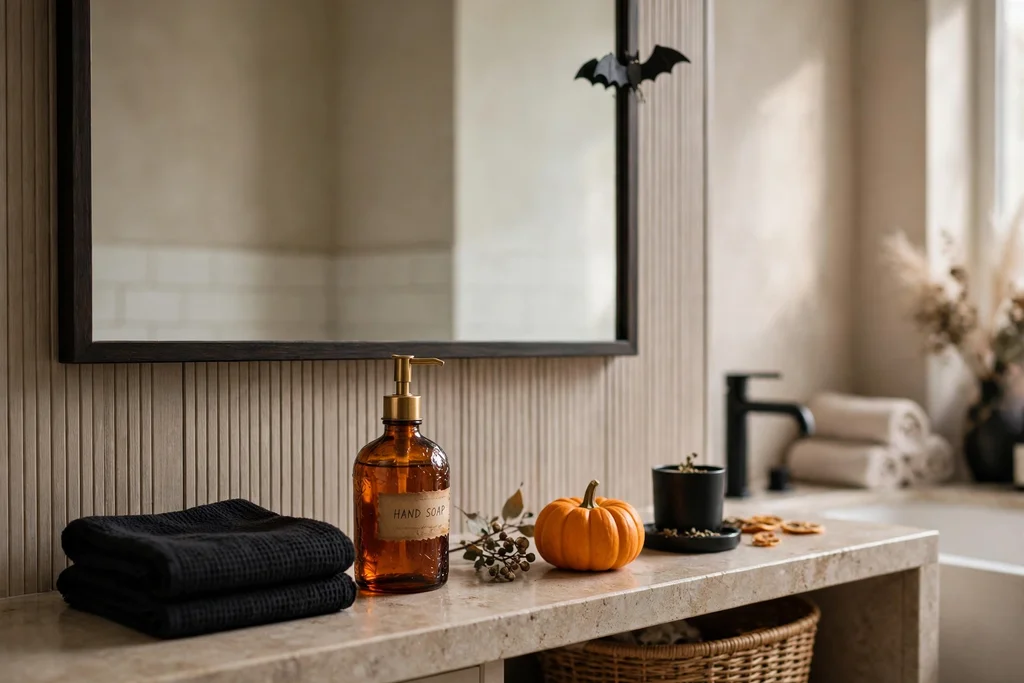 A bathroom with black hand towels, a potion-style soap dispenser, and a small bat accent.