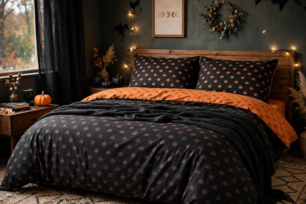A bedroom with Halloween bedding in black and orange and a dark throw at the foot of the bed.