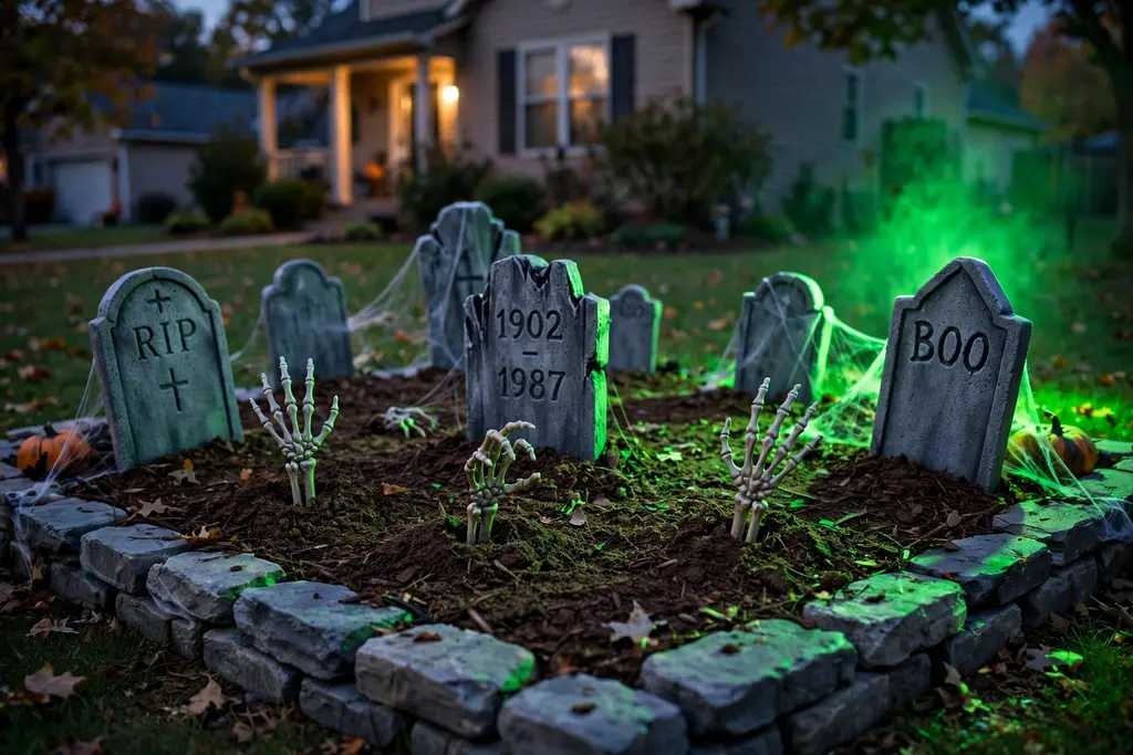 A front yard graveyard scene with foam tombstones, skeleton hands, and a green spotlight.