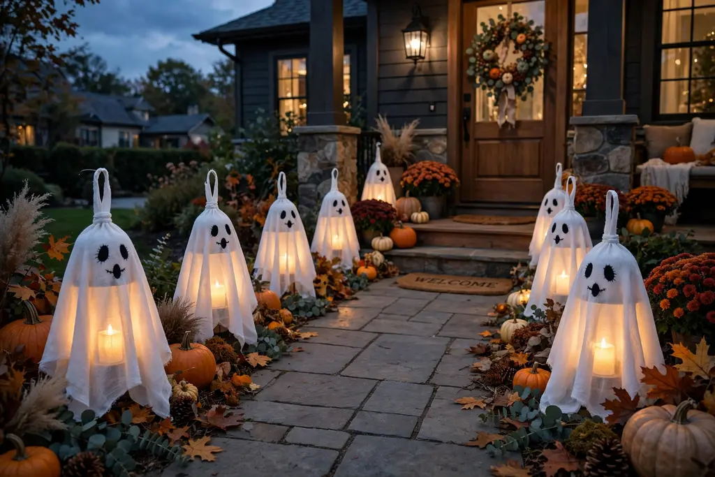 White ghost lanterns with glowing battery candles lining a front walkway at dusk.