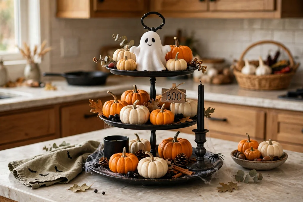 A tiered tray on a kitchen counter with mini pumpkins, a ghost figurine, and a black candle holder.