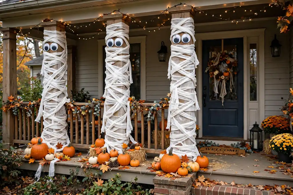 Porch columns wrapped in white gauze like mummies with large googly eyes near the top.