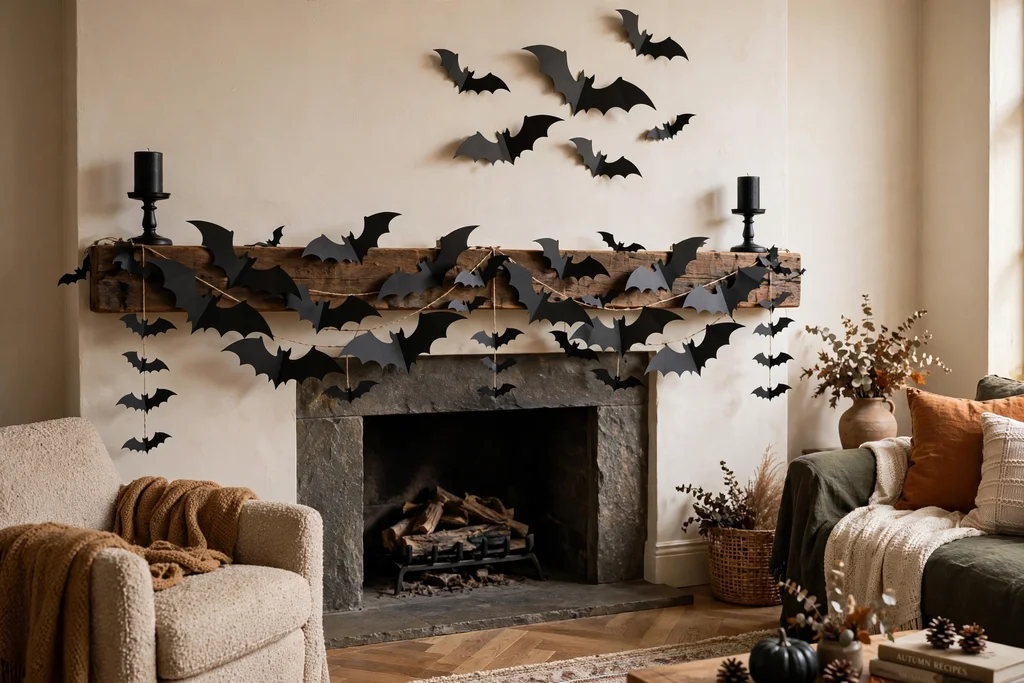 A garland of black bats draped across a fireplace mantel with plain black candle holders.
