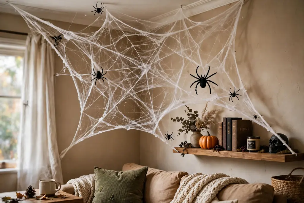 A large faux spider web stretched across a living room upper corner with plastic spiders.