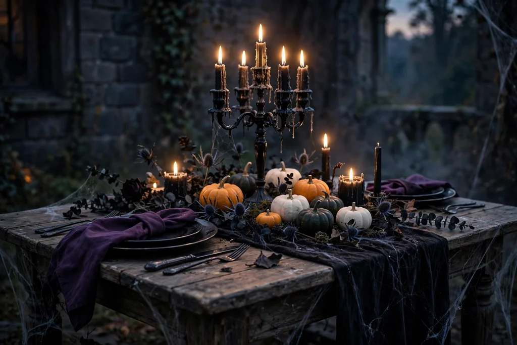 A dining table with a tall black candelabra, dark runner, small pumpkins, and black plates.