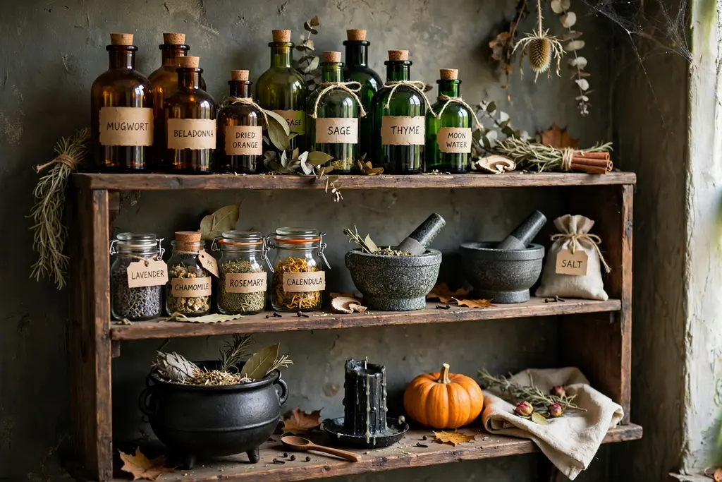 A kitchen shelf styled as a witch's apothecary with amber and green labeled bottles and dried herbs.