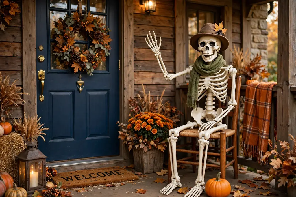 A friendly skeleton figure seated beside a front door with a small pumpkin at its feet.