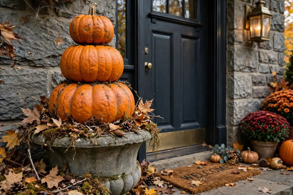 A pumpkin topiary stacked in a large urn beside a front door with moss at the base.