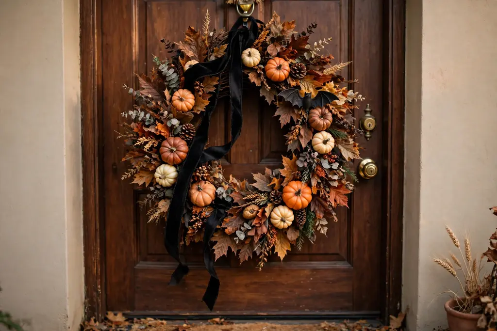 A Halloween wreath of black ribbon, dried leaves, and mini pumpkins hanging on a front door.