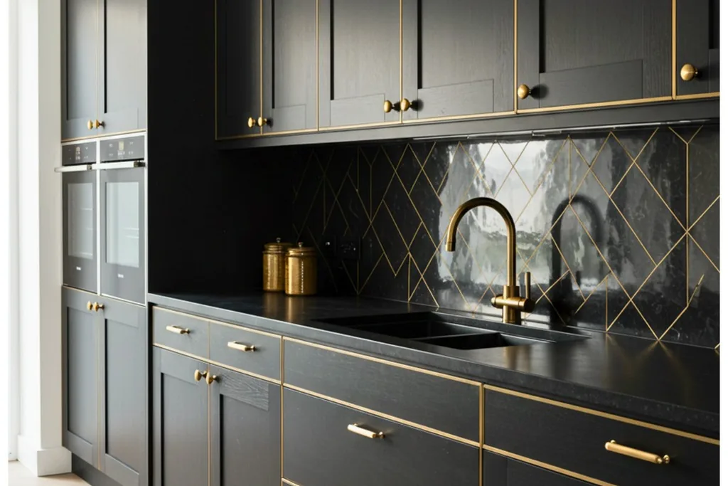 Black kitchen cabinets with brushed gold pulls and a dark tiled backsplash.