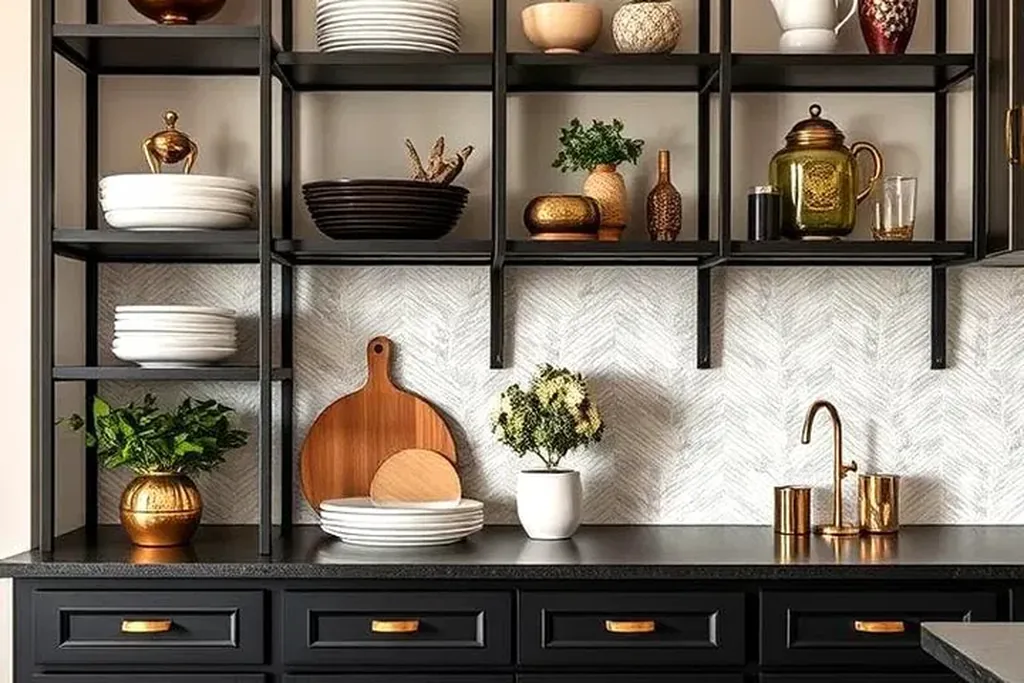 Black hutch with open shelves displaying white bowls, jars and gold accents above drawers.