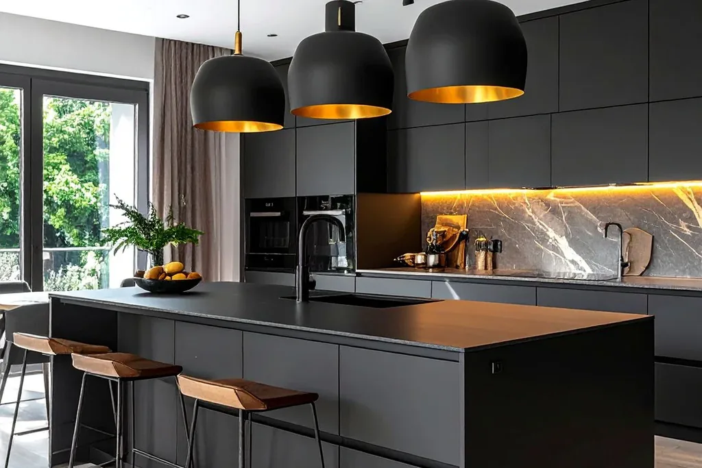 Black dome pendant lights with gold interiors hanging over a black kitchen island.