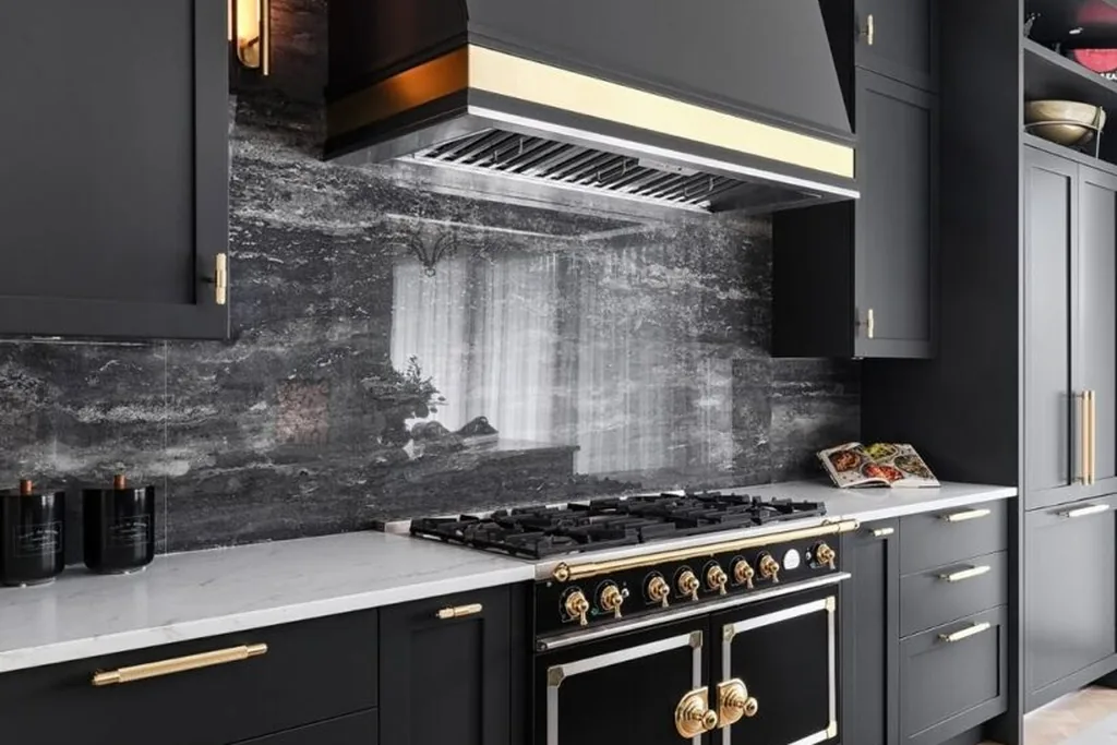 Black range with gold handles and knobs below a black hood with a gold band.