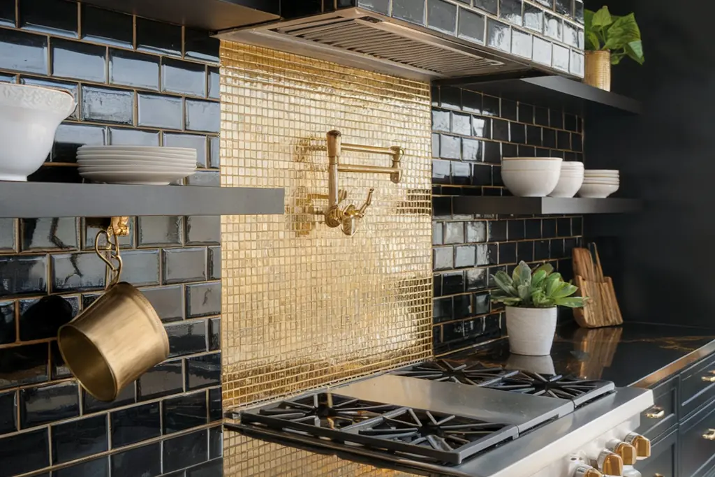 Brass rail with hanging utensils beside a range in a black tiled kitchen.
