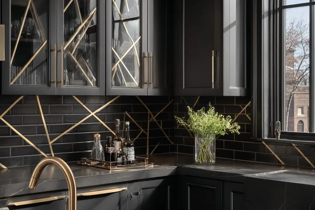 Black glass front cabinets with gold cross mullions above a corner sink with a gold faucet.