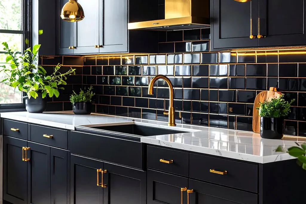 Black cabinets with a glossy black tile backsplash, gold hood and gold pendants.